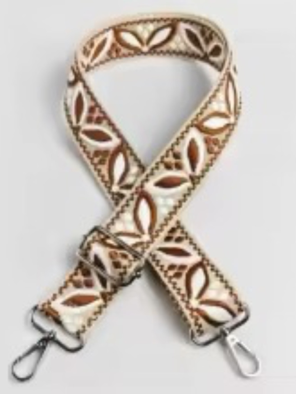 NEW Tan/White/Khaki Magnolia print crossbody Guitar Strap-Silver hardware